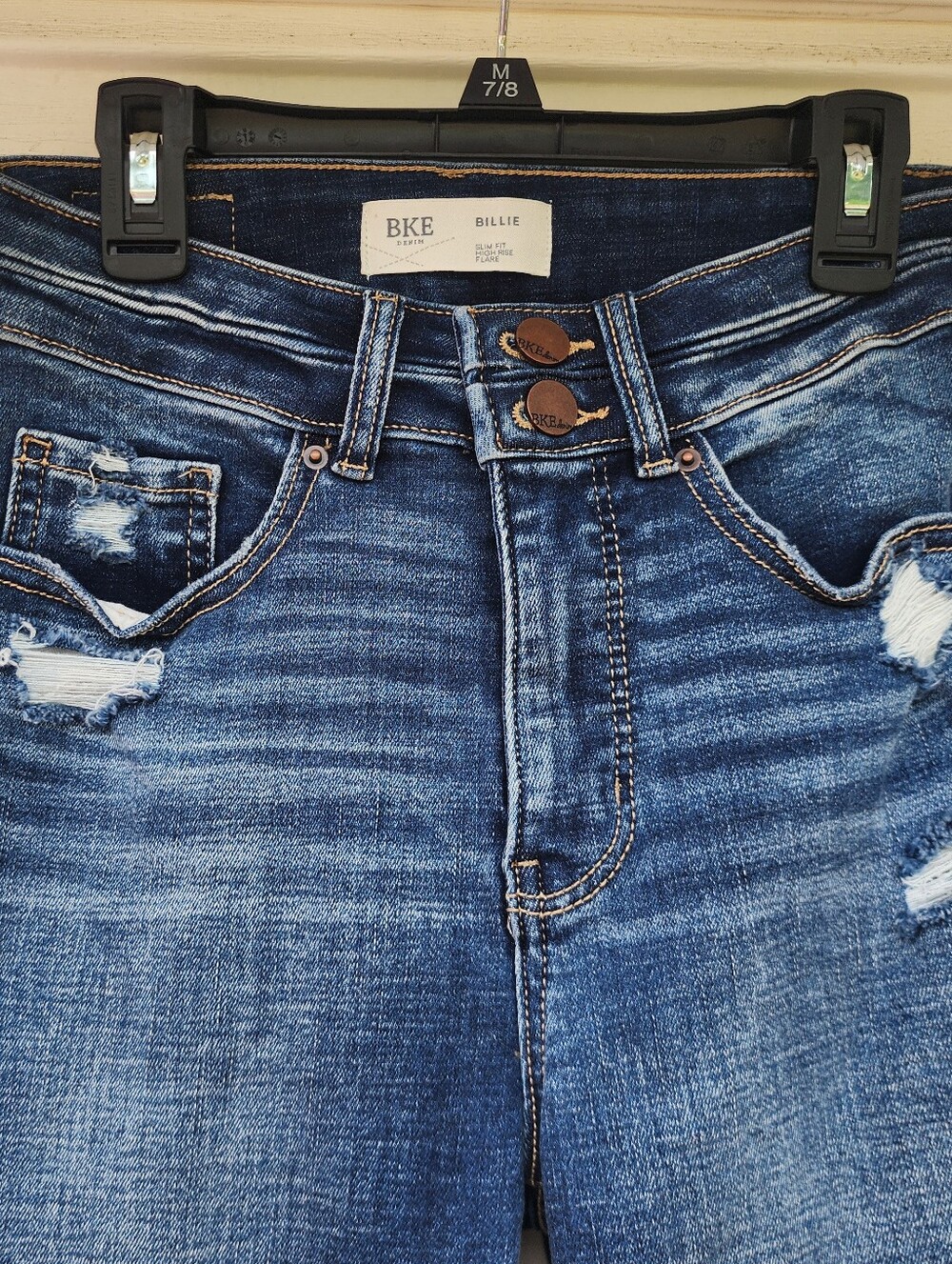 BKE Womens Billie Slim Fit Flare Dark Wash Blue Distressed Stretch Jeans 26 - Picture 2 of 7